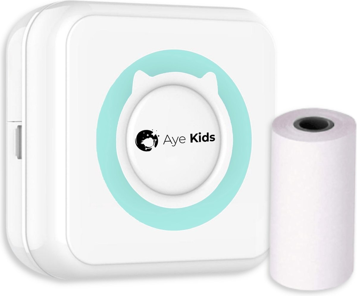 AyeKids Imprimante photo - Bluetooth - Sans fil - 1 rouleau de papier photo inclus - Mini imprimante - Imprimante de poche - Bleu