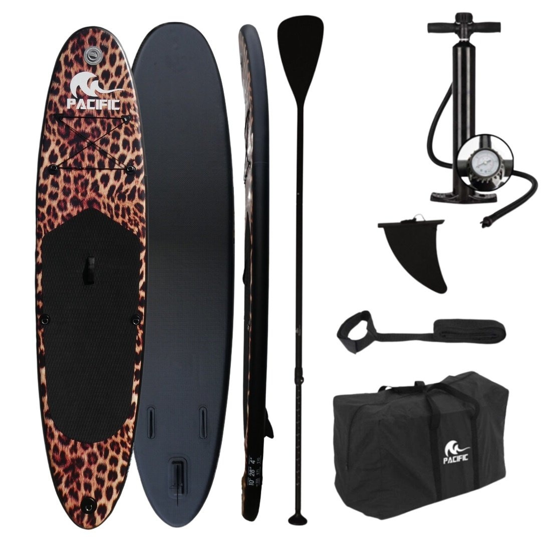 Pacific Special Edition Sup Board Gonflable - Imprimé Léopard - Étui étanche pour téléphone portable - 305 cm - 7 pièces - Jusqu'à 100 kg