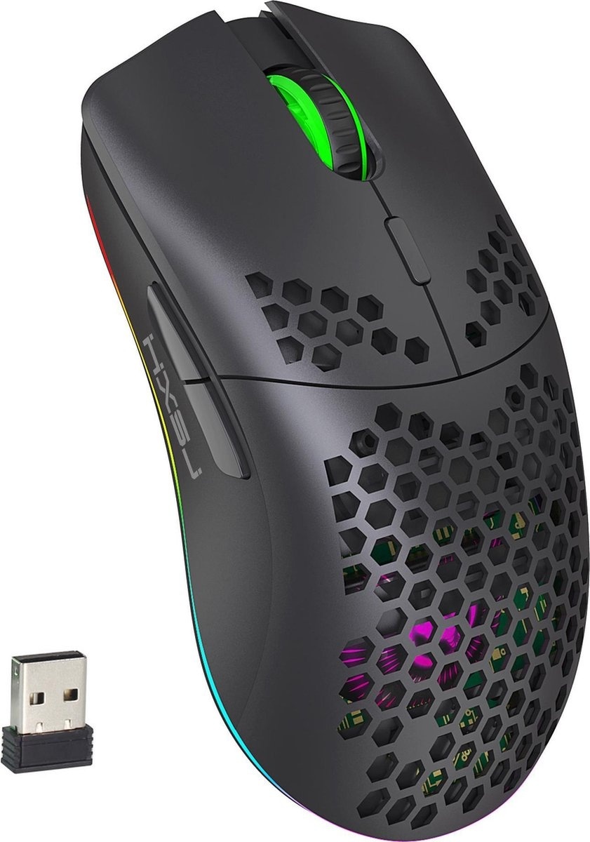 HXSJ T66 Souris de jeu sans fil 2.4G - Ultra légère - Eclairage RGB - Noir