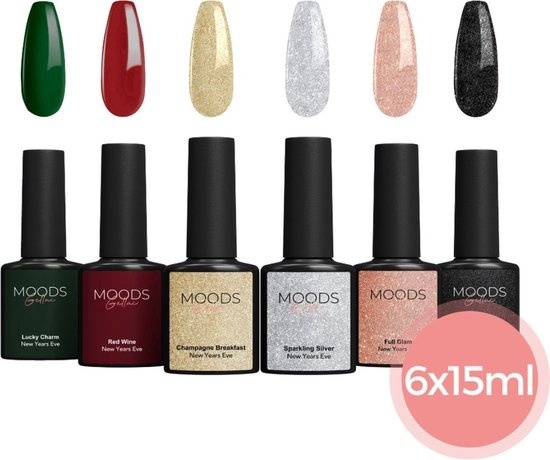 Moods Gellac - Set de 6 pièces - Vernis à ongles en gel - 15ML - Comprend une lime à ongles et un Bokkepoot - Réveillon du Nouvel An - Gellac pailleté - Ongles - Pack de démarrage Gellac - Couleurs pailletées