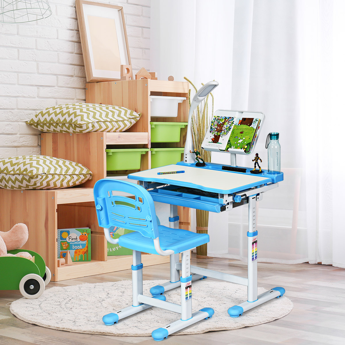 Bureau d'étudiant inclinable Coast pour enfants avec lampe et chaise - Bleu