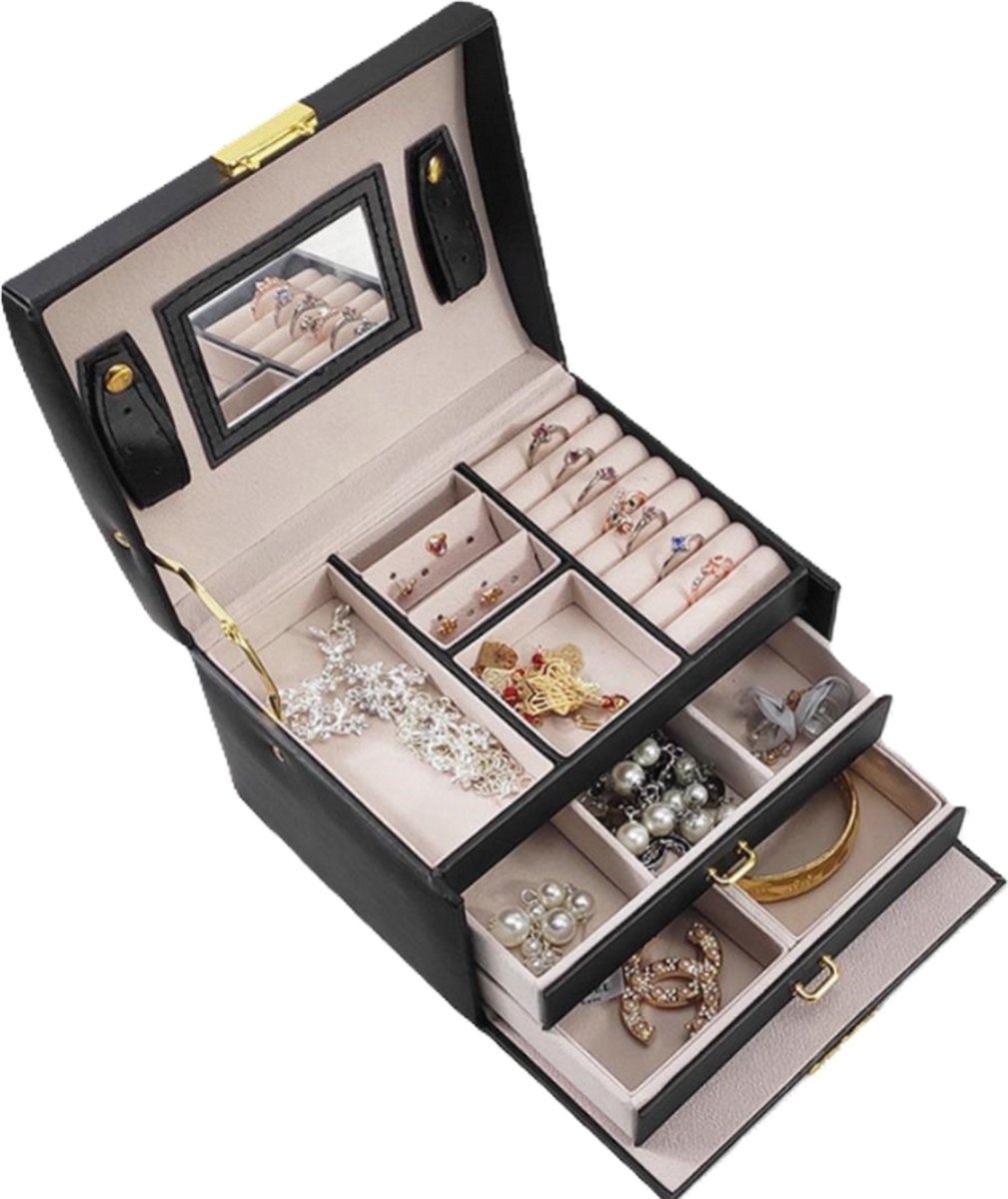 Ceruzo Boîte à bijoux avec miroir -Boîte à bijoux- Noir-Cuir PU-3 couches-Grandeur compacte-Boîte de beauté