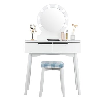 Coast Table de maquillage Coast avec éclairage Led - 2 tiroirs - avec tabouret et miroir - Blanc - 80 x 40 x 132,5 cm