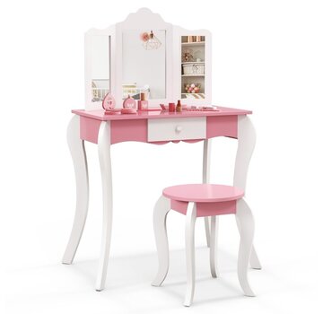 Coast Coiffeuse pour enfants Coast avec tiroir - y compris tabouret et miroir amovible en 3 parties - blanc + rose - 68 x 42 x 100 cm