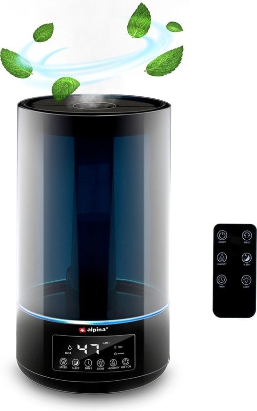 alpina Humidificateur - 4.3L - Nébulisation ultrasonique - avec minuterie - Aromathérapie - Veilleuse - Télécommande - Noir