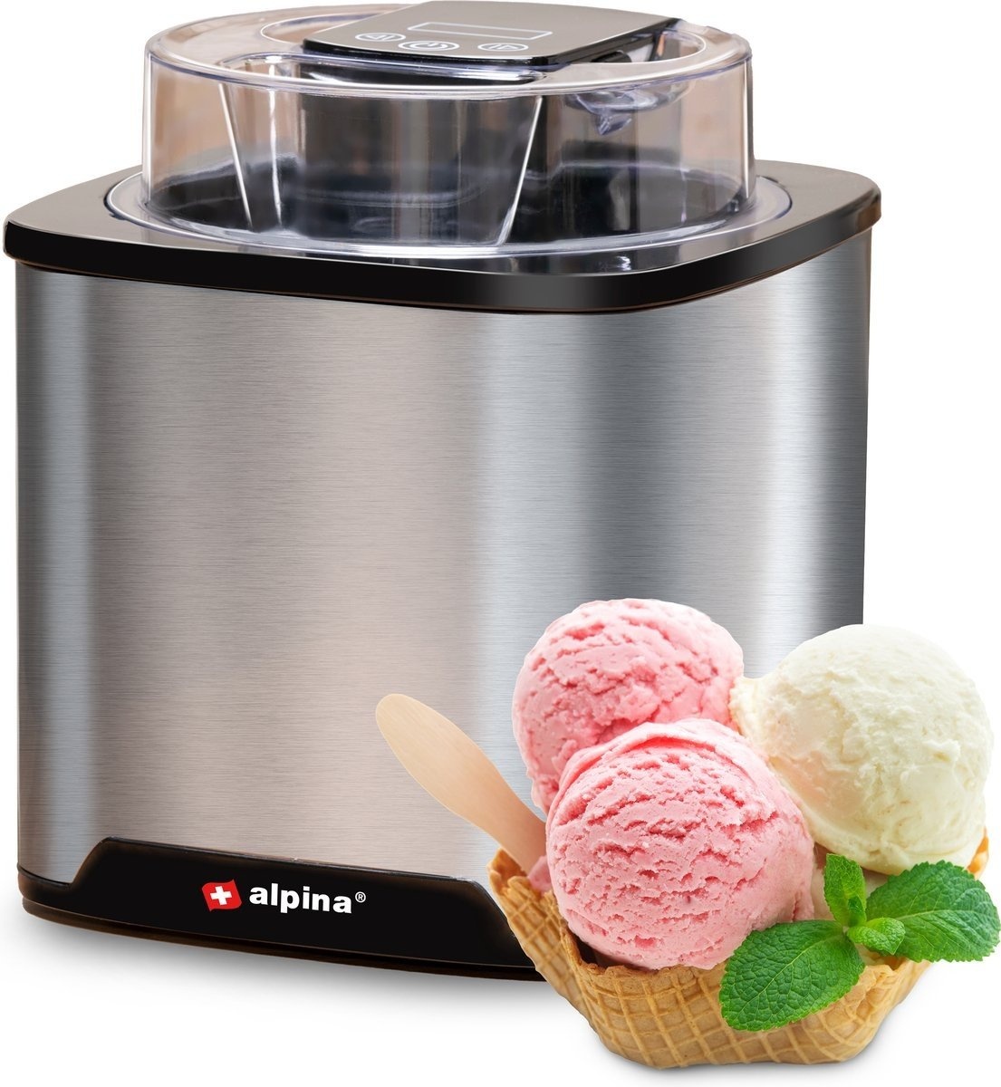 alpina Ice Cream Machine - Sorbetière 2L - Glace, Yoghourt glacé, Sorbet, etc. - Acier inoxydable - Argent