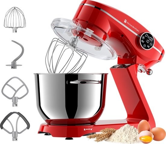 KitchenBrothers Robot de cuisine - Affichage tactile et minuterie - Robot de cuisine - 6L - 1800W - Aluminium - Rouge