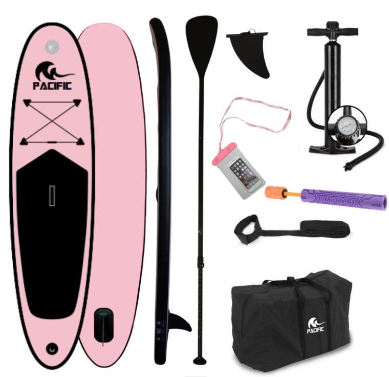 Planche de surf Pacific - avec étui de téléphone étanche - 285 cm - Jusqu'à 100 kg - Rose