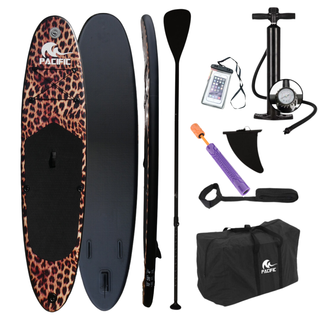 Pacific Special Edition Sup Board Gonflable - Imprimé Léopard - Étui étanche pour téléphone portable - 305 cm - 7 pièces - Jusqu'à 100 kg - Copy