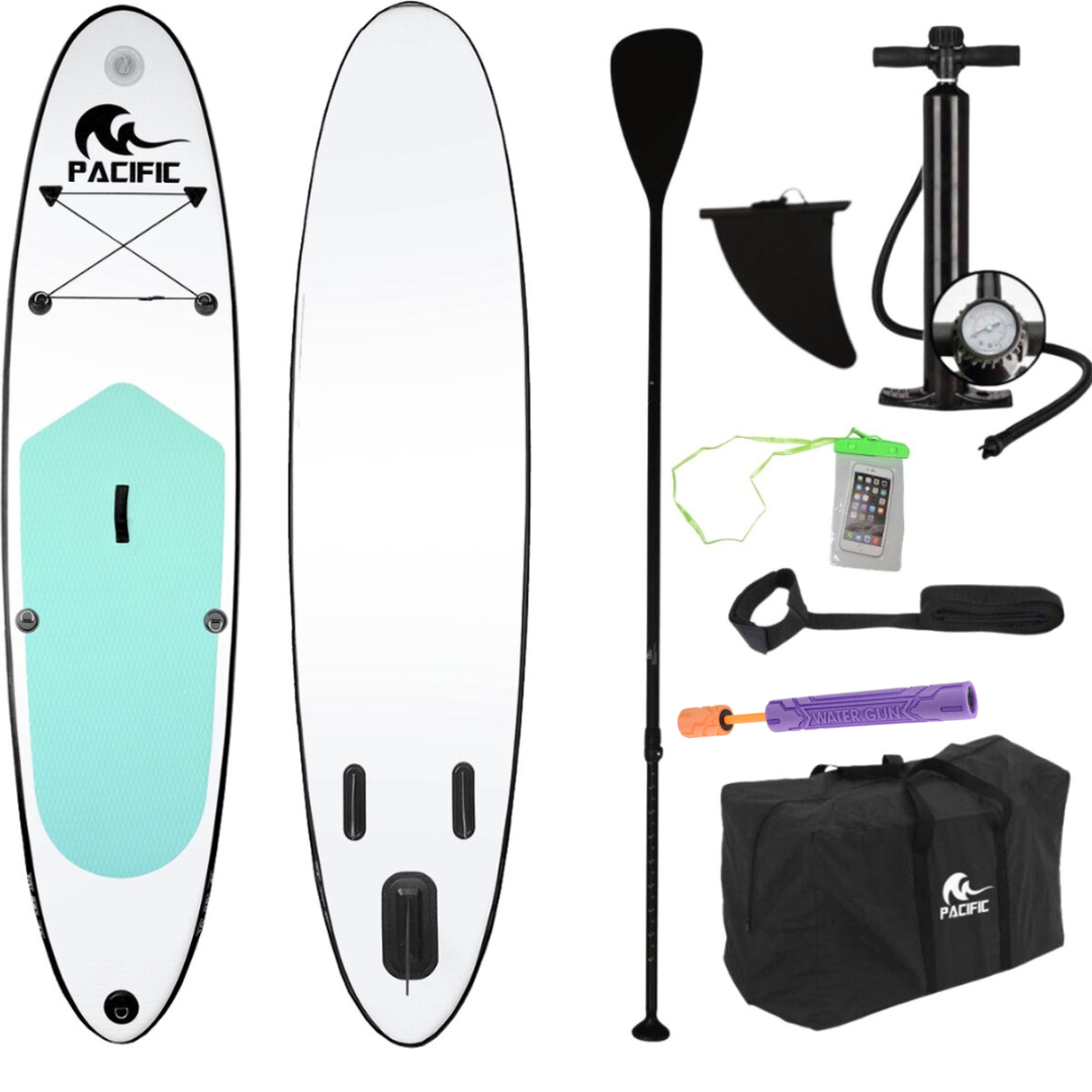 Planche de surf Pacific Special Edition avec étui imperméable GRATUIT pour téléphone portable - extra robuste - 305 cm - jusqu'à 100 kg - blanc/vert
