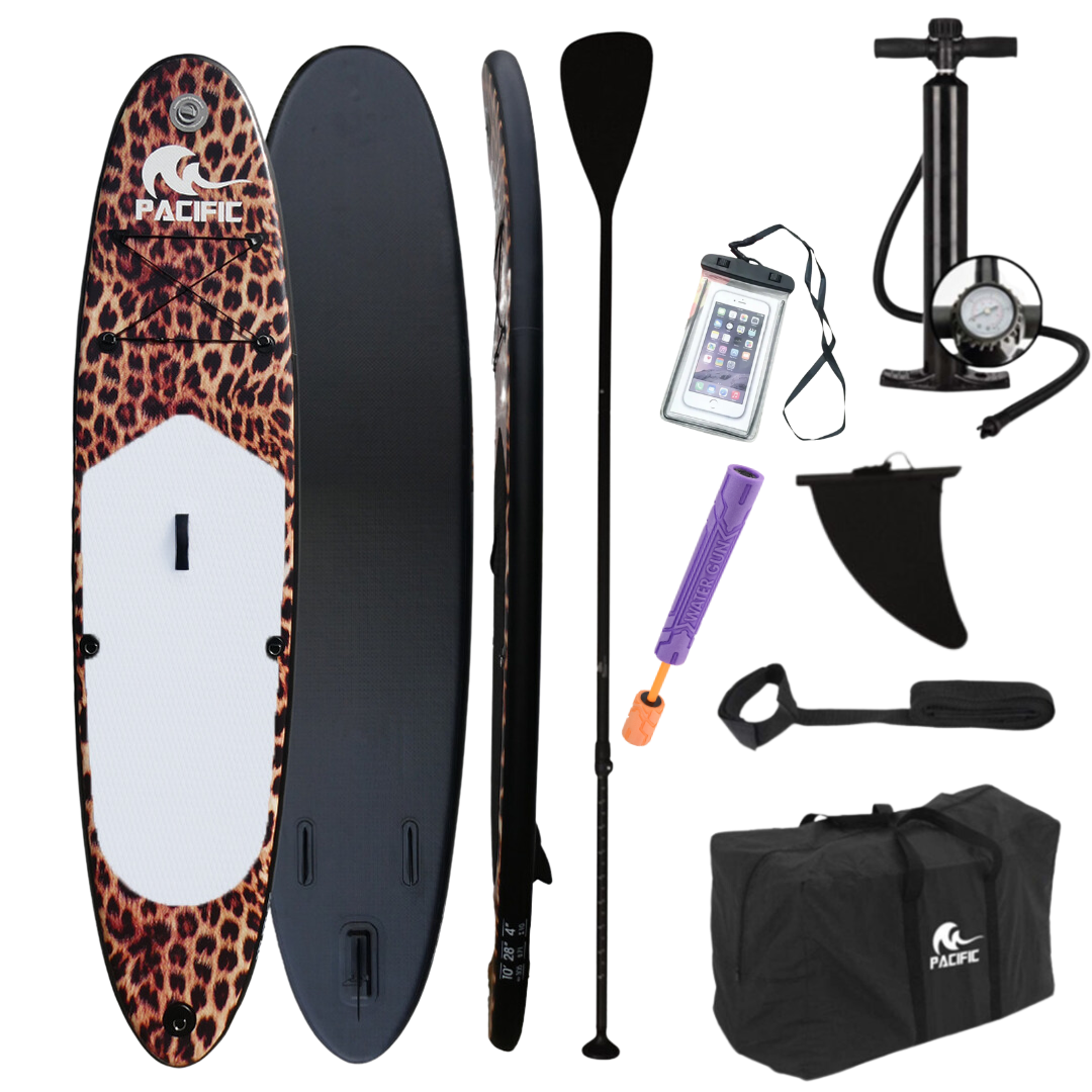 Pacific Special Edition Sup Board - Panther print white - Étui étanche GRATUIT pour téléphone portable - Extra Sturdy - 305 cm - 7 pièces - Jusqu'à 100 kg - Gonflable