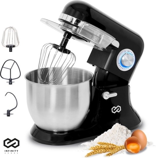 Infinity Goods Robot de cuisine - Mélangeur de cuisine - Bol de mélange en acier inoxydable de 6,5L - Robot de cuisine - Robot ménager - Avec accessoires - 1600W - Noir
