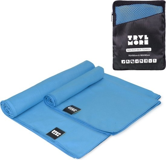 TRVLMORE Set de serviettes de voyage en microfibre - 2 pièces - Large (75 x 150 cm) & Extra Large (90 x 180 cm) - Microfibre - Bleu
