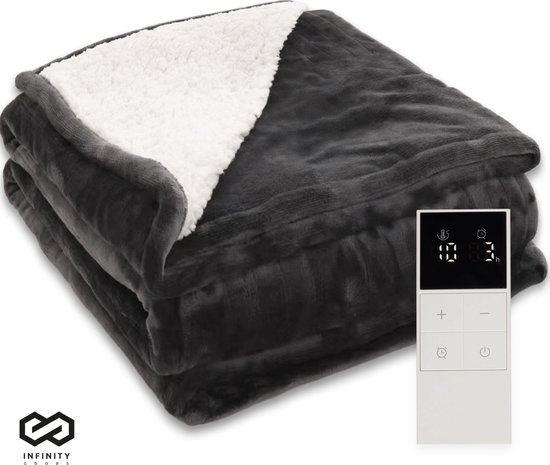 Infinity Goods Couverture électrique - Couverture chauffante - 2 personnes - 180 x 160 cm - Avec minuterie - Couverture - Polaire - Anthracite