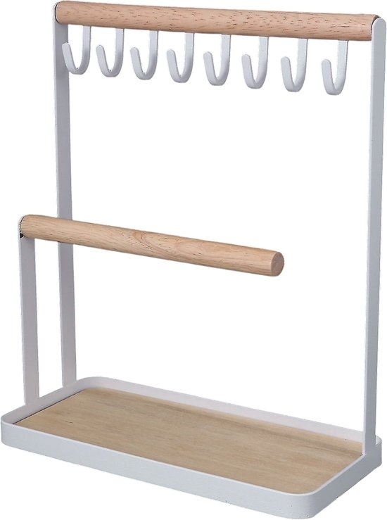 Aerend - Porte-bijoux - Porte-bijoux - Porte-bijoux avec plateau en bois et 8 crochets - Porte-chaîne en blanc - En bois et métal pour bracelets, bagues, montres, bijoux, boucles d'oreilles - Organisateur d'accessoires - Porte-bijoux