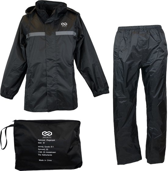 Infinity Goods Combinaison de pluie - Femmes et hommes - Taille M - Imperméable et respirant - Réfléchissant - Noir