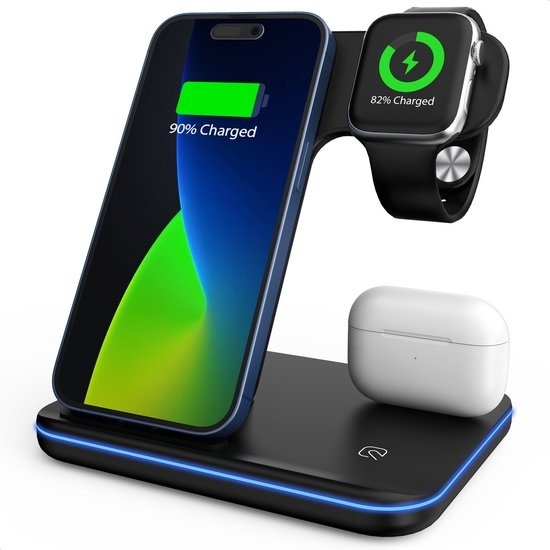 Strex 3-in-1 Wireless Charger - Chargeur sans fil - Chargeur rapide 15W - Station de charge avec chargeur rapide pour Smartphone/iPhone/Apple Watch/AirPods