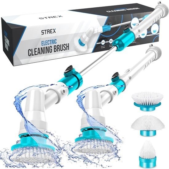 Brosse à récurer électrique Strex - Sans fil - 3 accessoires - Manche télescopique