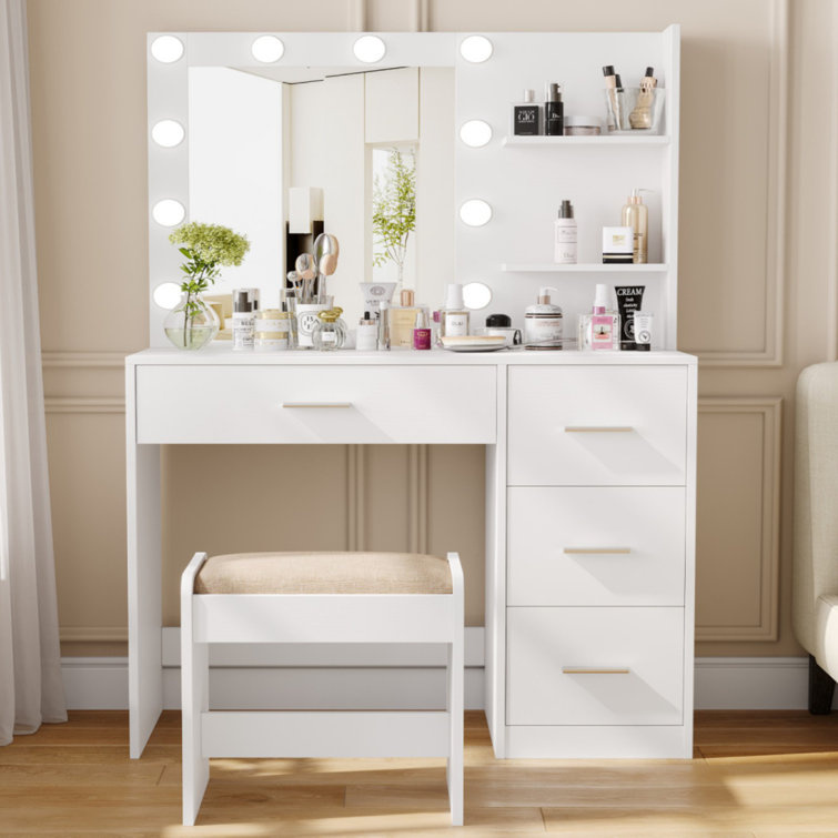 Ebern Designs Table de maquillage - éclairage et miroir inclus - blanc