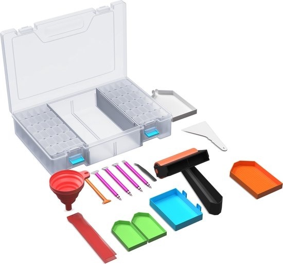 Rubye® Diamond Painting Accessories Package - Storage Box 64 Boxes - Diamond Painting Adults - Roller - Pens - Wax - Shakers - Tweezers - Funnel - Starter Pack