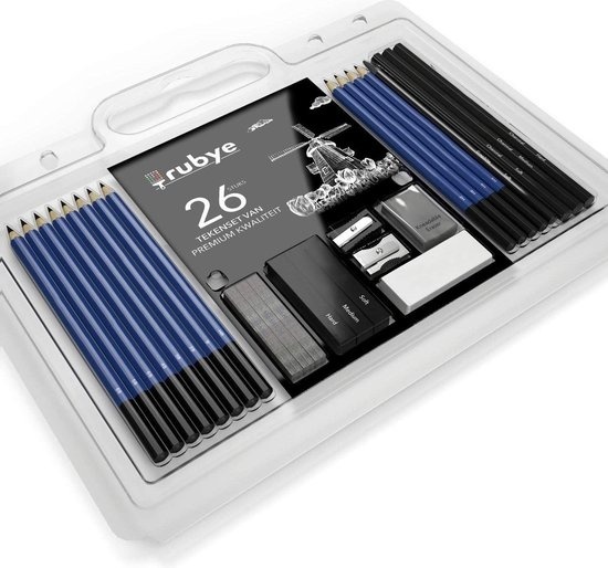 Rubye® 26-Piece Drawing Set - Sketch pencils - Charcoal Drawing - Graphite pencils - Eraser - Knead eraser - Pencil sharpener - Pencils - 26 Pieces
