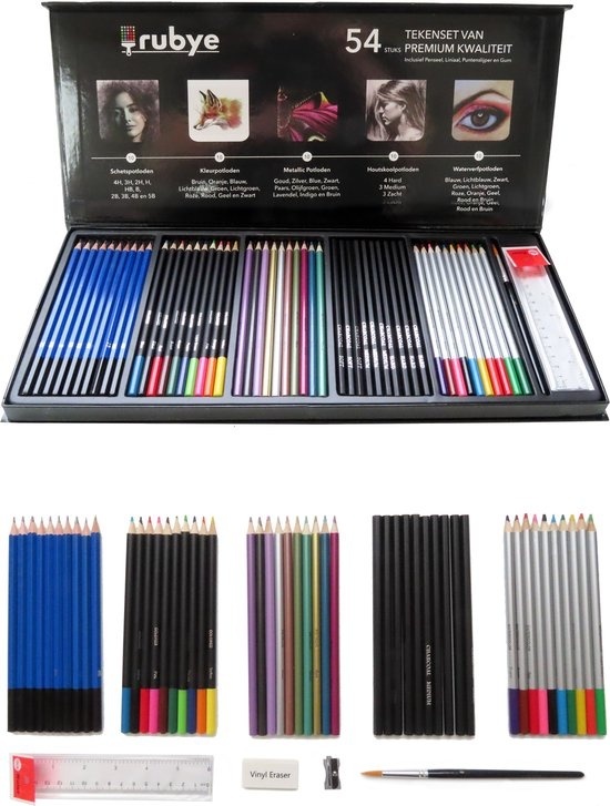 Rubye® Professional 54-Piece Pencil Drawing Set - Crayons de couleur - Crayons de croquis - Crayons métalliques - Crayons aquarellables - Dessin au fusain - Gomme - Règle - Pinceau - Boîte à dessin - 54 pièces