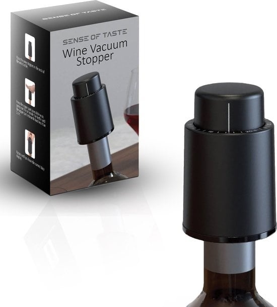 Bouchon de vin Sense of Taste - Pompe à vide pour le vin - Acier inoxydable - Bouchon de bouteille - Fermeture du vin - Noir - Cadeau de la fête des pères