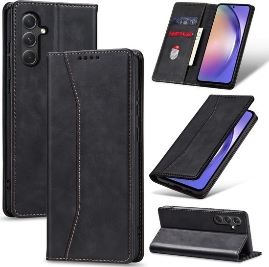 Podec Case with Card Holder Suitable for Samsung Galaxy A54 Black Phone Case - Anti-Shock Bookcase Cover with 1x Screen Protector