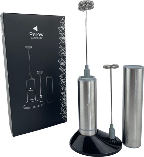 Perow Mousseur à lait électrique - Mousseur à lait manuel - Batteur pour tasses de lait - Argent - Acier inoxydable - Piles incluses