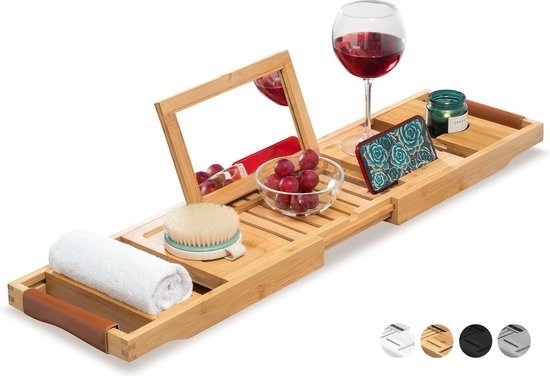 RelaxTub® Bathboard - Planche de bain pour la salle de bain - Support de bain - Ajustable - Antidérapant - Planche de bain en bambou - Planche de bain en bois - Support de bain comprenant un porte-livre, un porte-tablette et un miroir