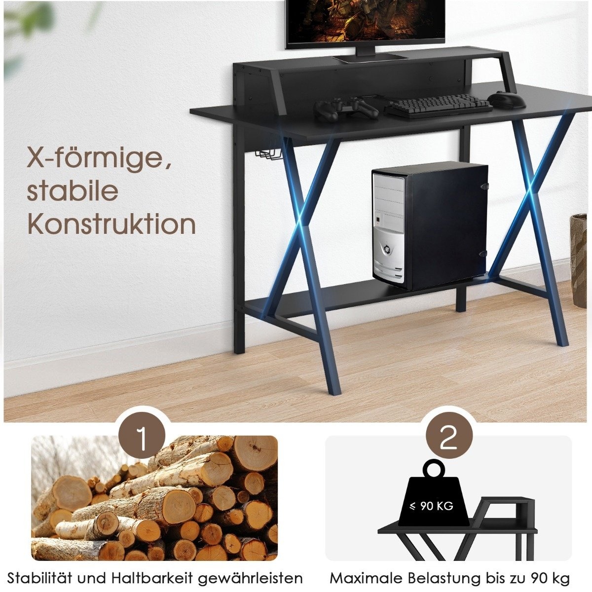 Coast Gaming Desk 122 x 60 cm grande table de jeu avec support d'écran et porte-boissons Noir