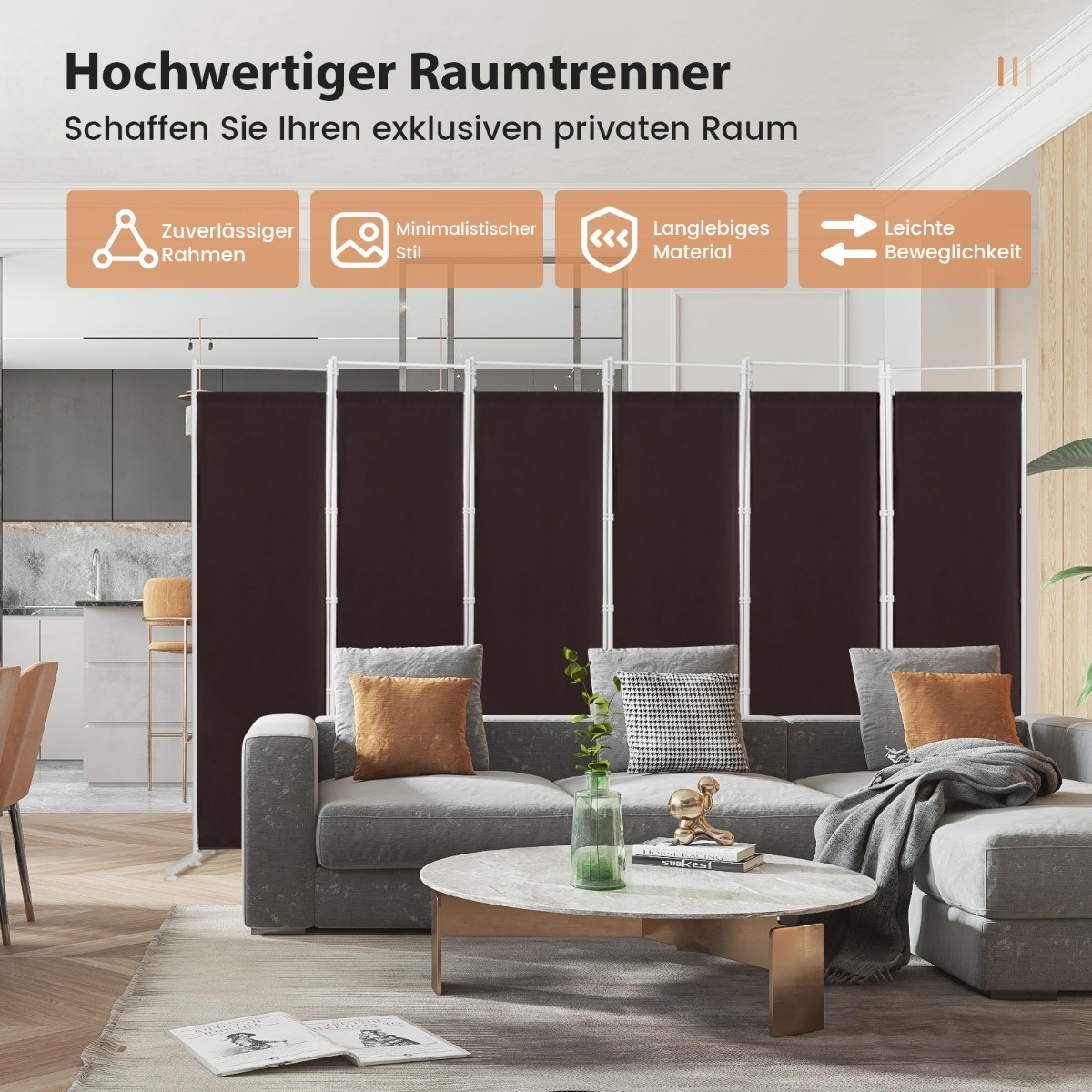 Coast 6-piece room divider with durable hinges and metal base 300 cm long brown