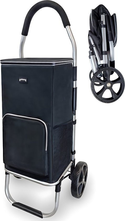 Goliving Chariot de courses - Chariot de courses avec poches latérales et compartiment réfrigérant - Pliable - Résistant aux intempéries - Aluminium inoxydable - Chariot de courses à roulettes - 50L - Noir