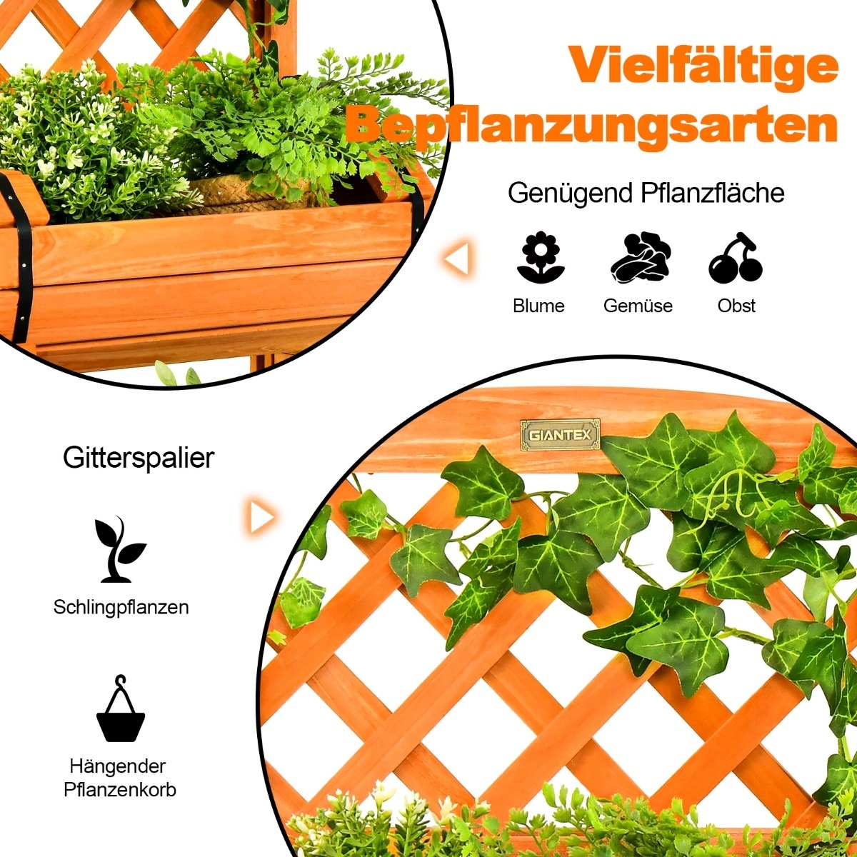 Lit de jardin surélevé Coast avec 2 bacs à plantes et treillis 45 x 45 x 80,5 cm orange
