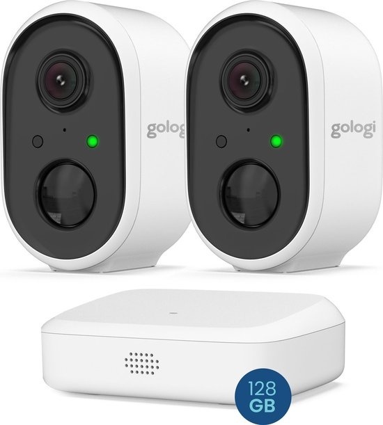 Gologi Homestation Caméra de sécurité extérieure sans fil - Avec vision nocturne - Caméra WIFI - Caméra de sécurité - Rechargeable - 2K Ultra HD - 128G Homestation - Lot de 2 + Station