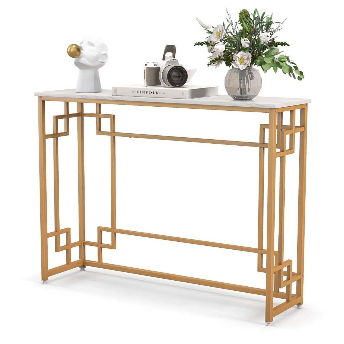 Table d'appoint Coast - Plateau blanc avec imitation de marbre - Cadre doré - 110 x 30 x 81 cm - MDF/Métal
