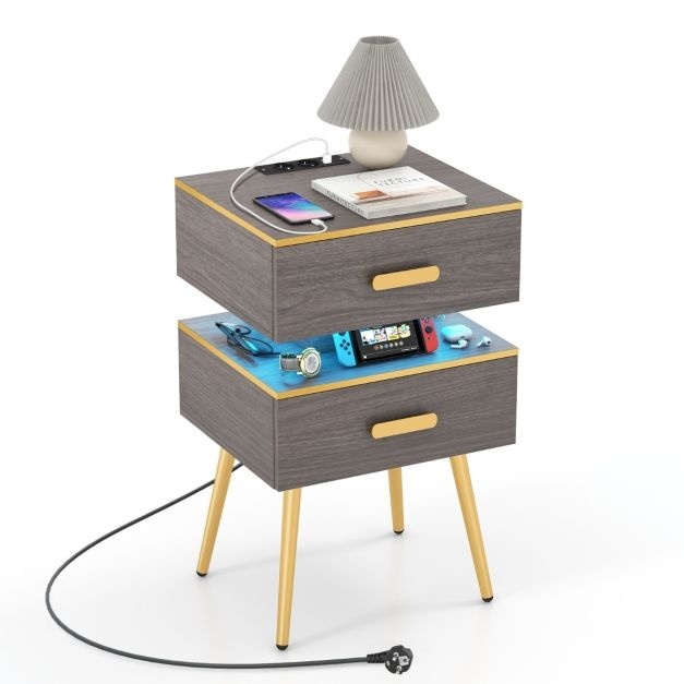 Table de nuit Coast avec station de recharge - éclairage LED - 2 tiroirs - 44 x 38 x 72 cm - gris