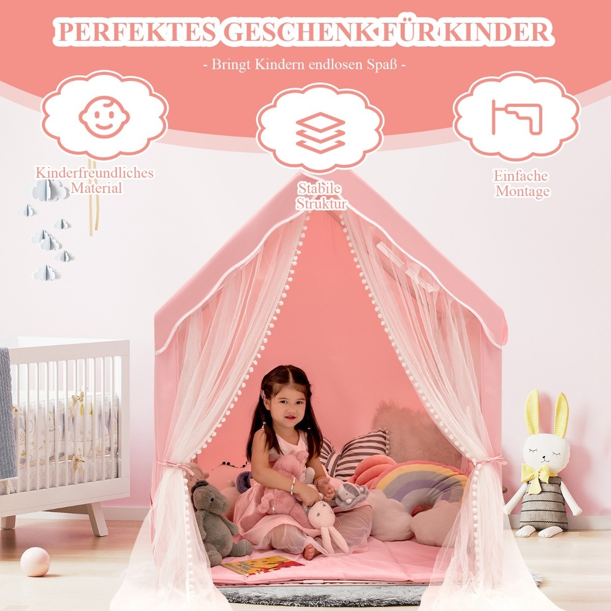 Coast Play Tent Grande tente de jeu intérieure pour enfants avec rideau de porte mat 121 x 105 x 137 cm rose