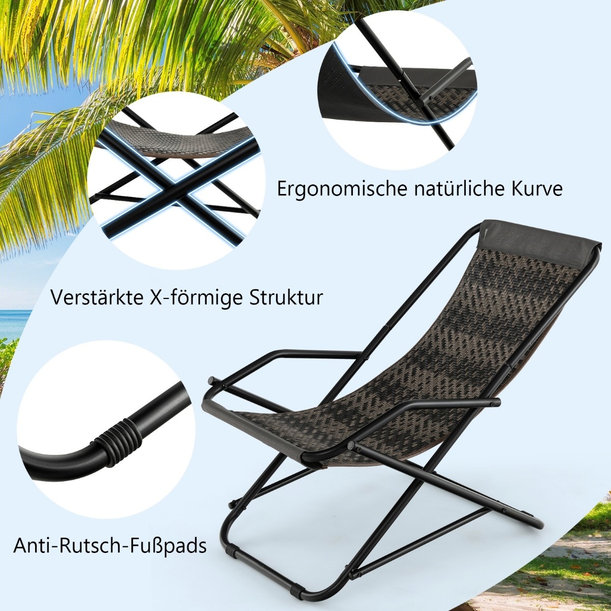 Chaise longue Coast avec tabouret pliant chaise longue de plage en rotin avec balancement doux 106 x 65 x 79 cm gris