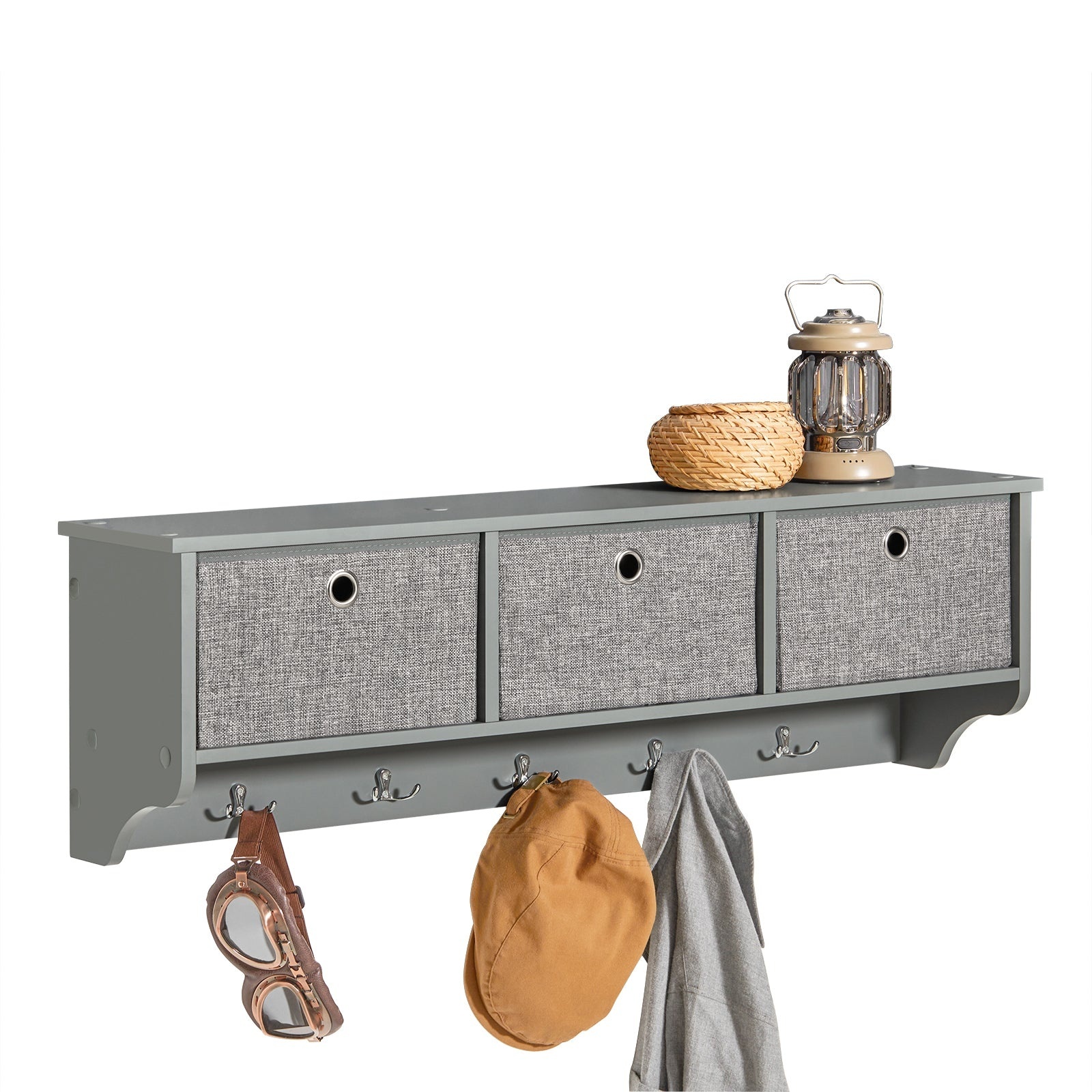 SoBuy FRG282-HG - Porte-manteau avec étagère murale - 5 crochets 3 paniers - L100 x P20 x H30 cm - Gris