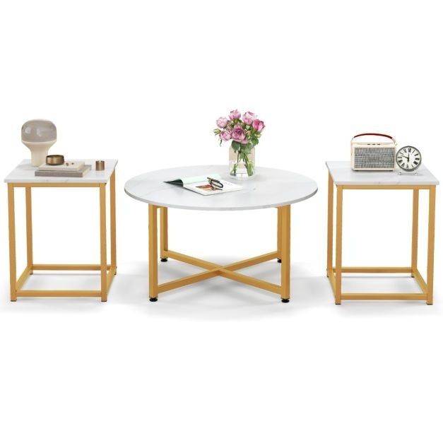 Coast 3-Piece Coffee Table Set - White/Gold - Round 80x42cm - Square 40x40x50cm
