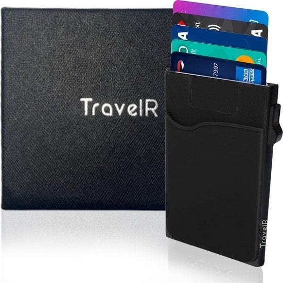 TravelR Card Holder - Porte-cartes - Porte-cartes de crédit - Porte-cartes coulissant - Porte-cartes - Porte-cartes pour hommes - Porte-cartes pour femmes - RFID Security - Black - Incl. Stick-on Sleeve for Paper Money - Incl. Deluxe Gift Wrap