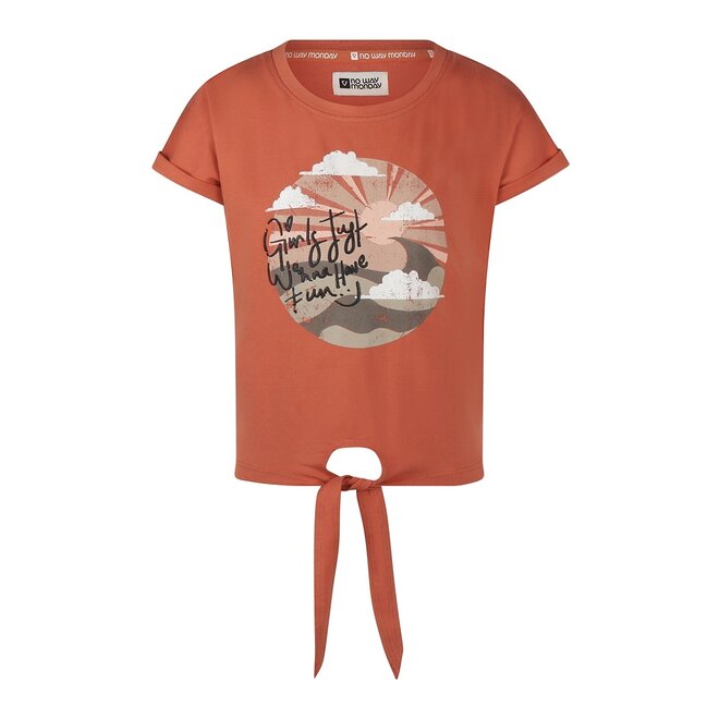 No Way Monday meisjes T-shirt met knoop bruin