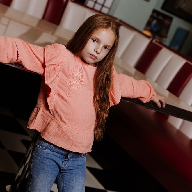 No Way Monday meisjes blouse lichtroze geborduurde bloem