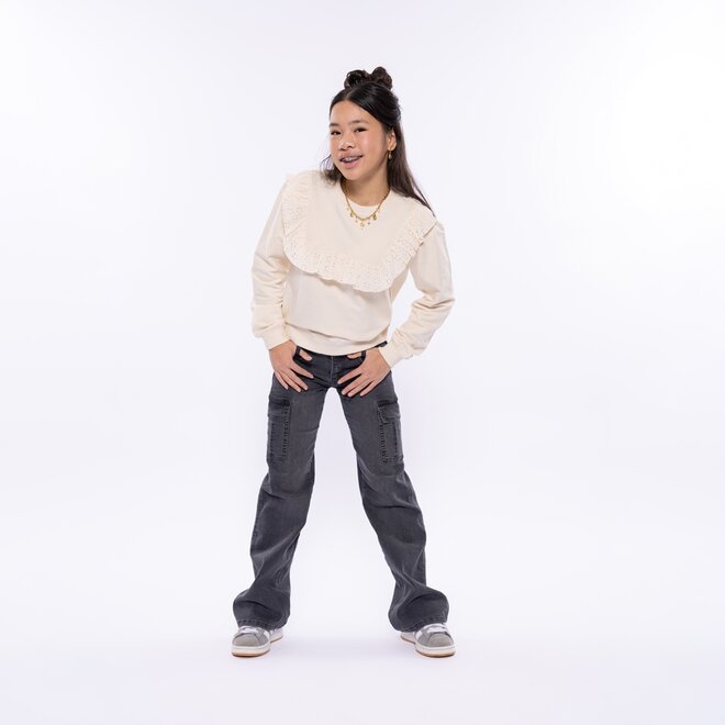 No Way Monday girls jumper off white broderie ruffles