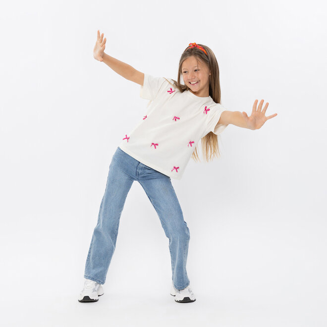 No Way Monday meisjes T-shirt loose fit off white strikjes