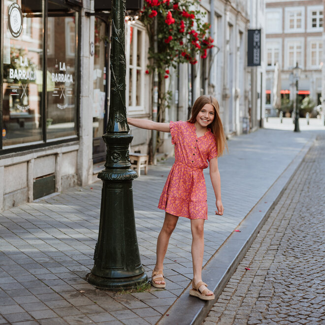 No Way Monday girls' dress fuchsia soft orange flowers