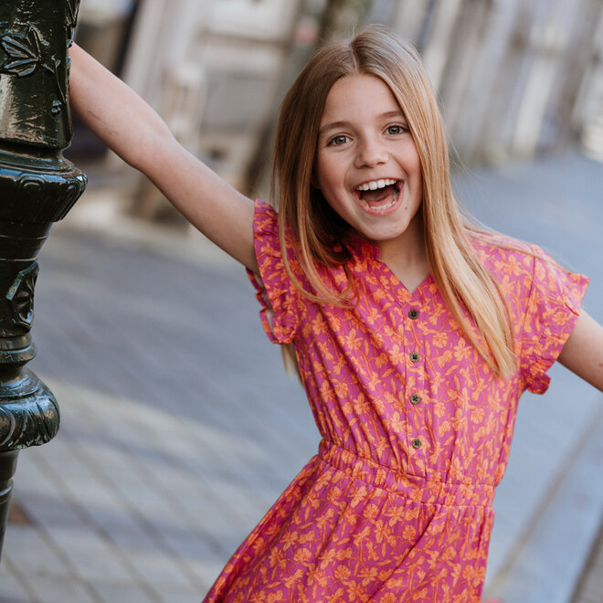 No Way Monday girls' dress fuchsia soft orange flowers
