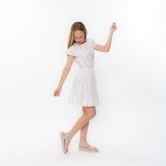 No Way Monday meisjes jurk off white gestreept 100% katoen