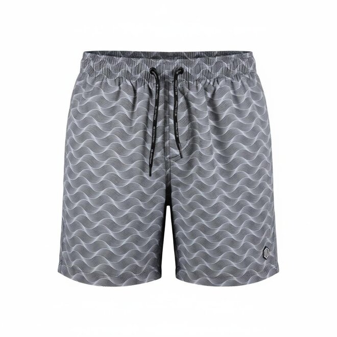No Way Monday men's swim shorts, grey waves, mid-length
